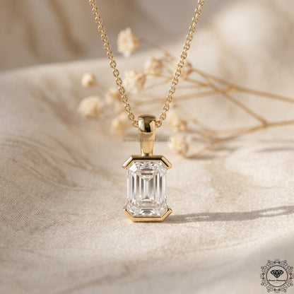 Lab Grown Emerald Diamond Bezel Set Solitaire Pendant - GrownDiamondJewels