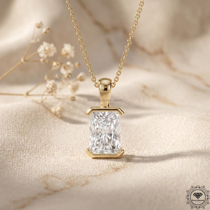 Radiant Cut Lab Grown Diamond Bezel Set Pendant Necklace - GrownDiamondJewels