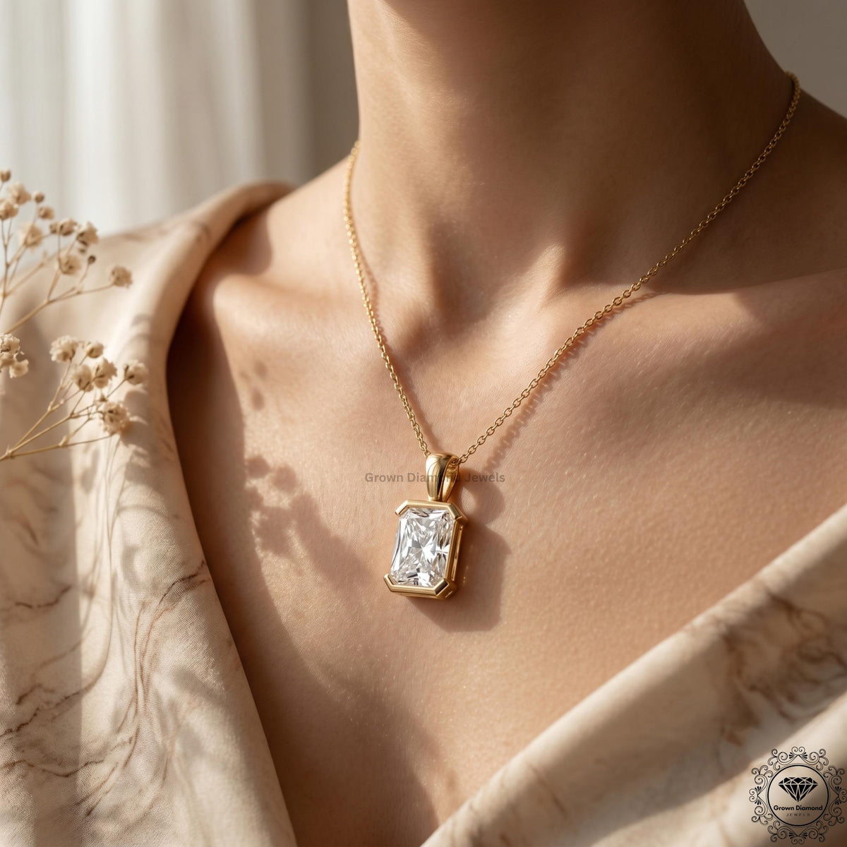 Radiant Cut Lab Grown Diamond Bezel Set Pendant Necklace - GrownDiamondJewels