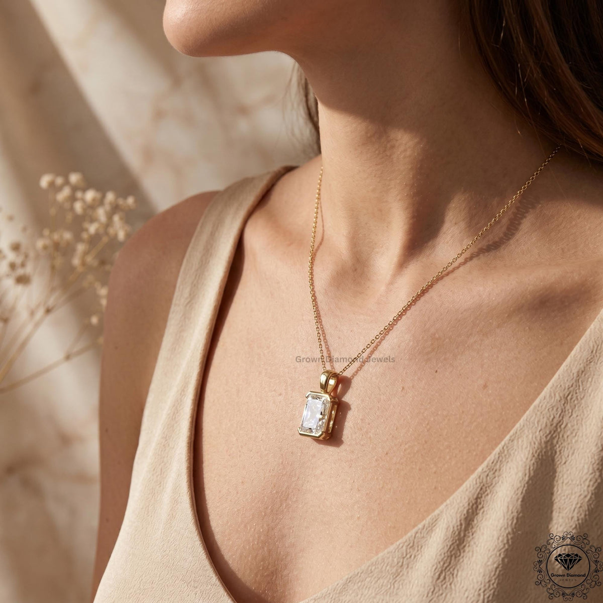 Radiant Cut Lab Grown Diamond Bezel Set Pendant Necklace - GrownDiamondJewels