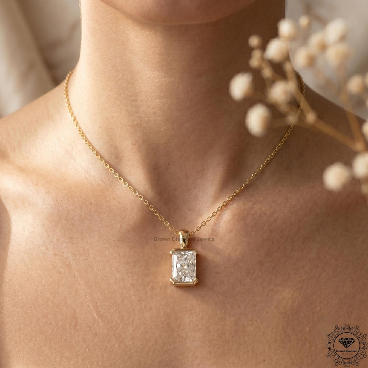 Radiant Cut Lab Grown Diamond Bezel Set Pendant Necklace - GrownDiamondJewels