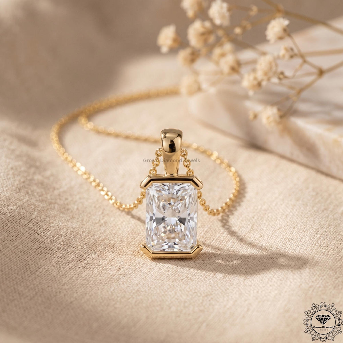 Radiant Cut Lab Grown Diamond Bezel Set Pendant Necklace - GrownDiamondJewels