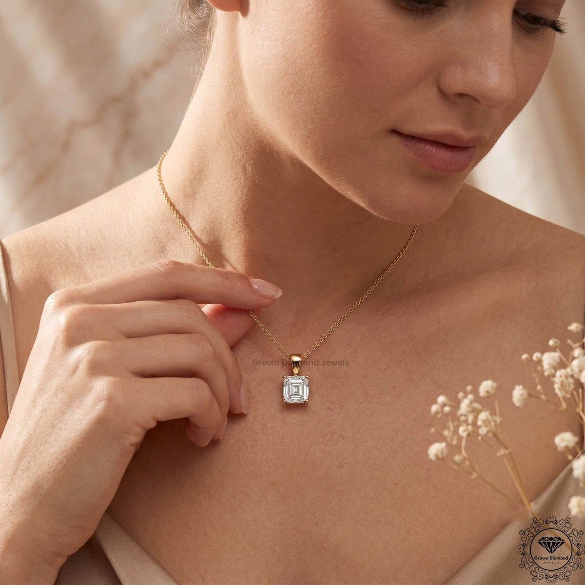 Asscher Cut Lab Grown Diamond Solitaire Pendant Necklace - GrownDiamondJewels