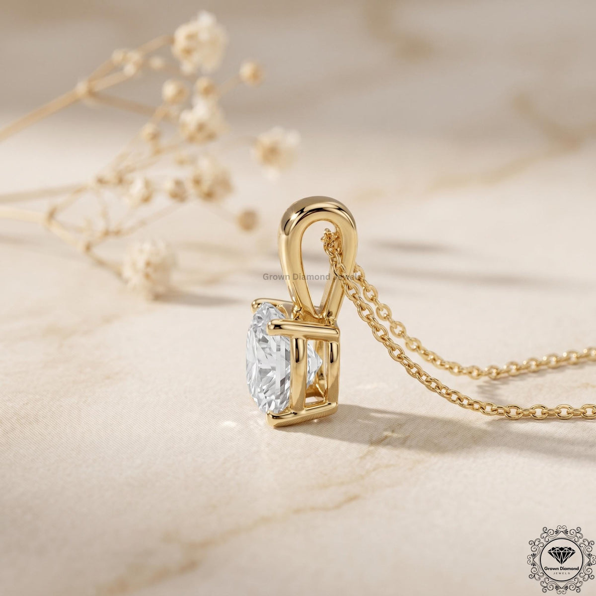 Lab Grown Cushion Diamond Solitaire Pendant Necklace 14K - GrownDiamondJewels