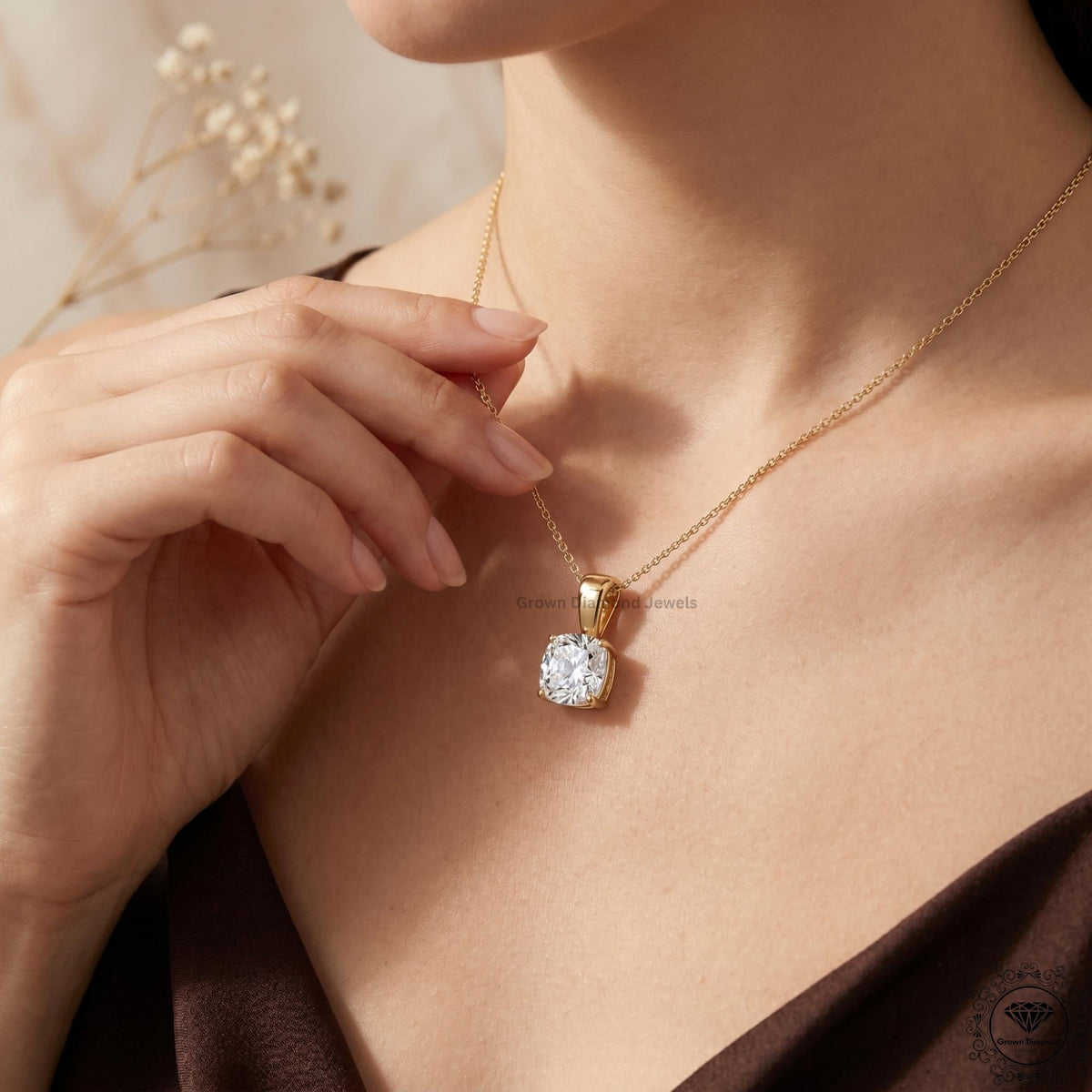 Lab Grown Cushion Diamond Solitaire Pendant Necklace 14K - GrownDiamondJewels