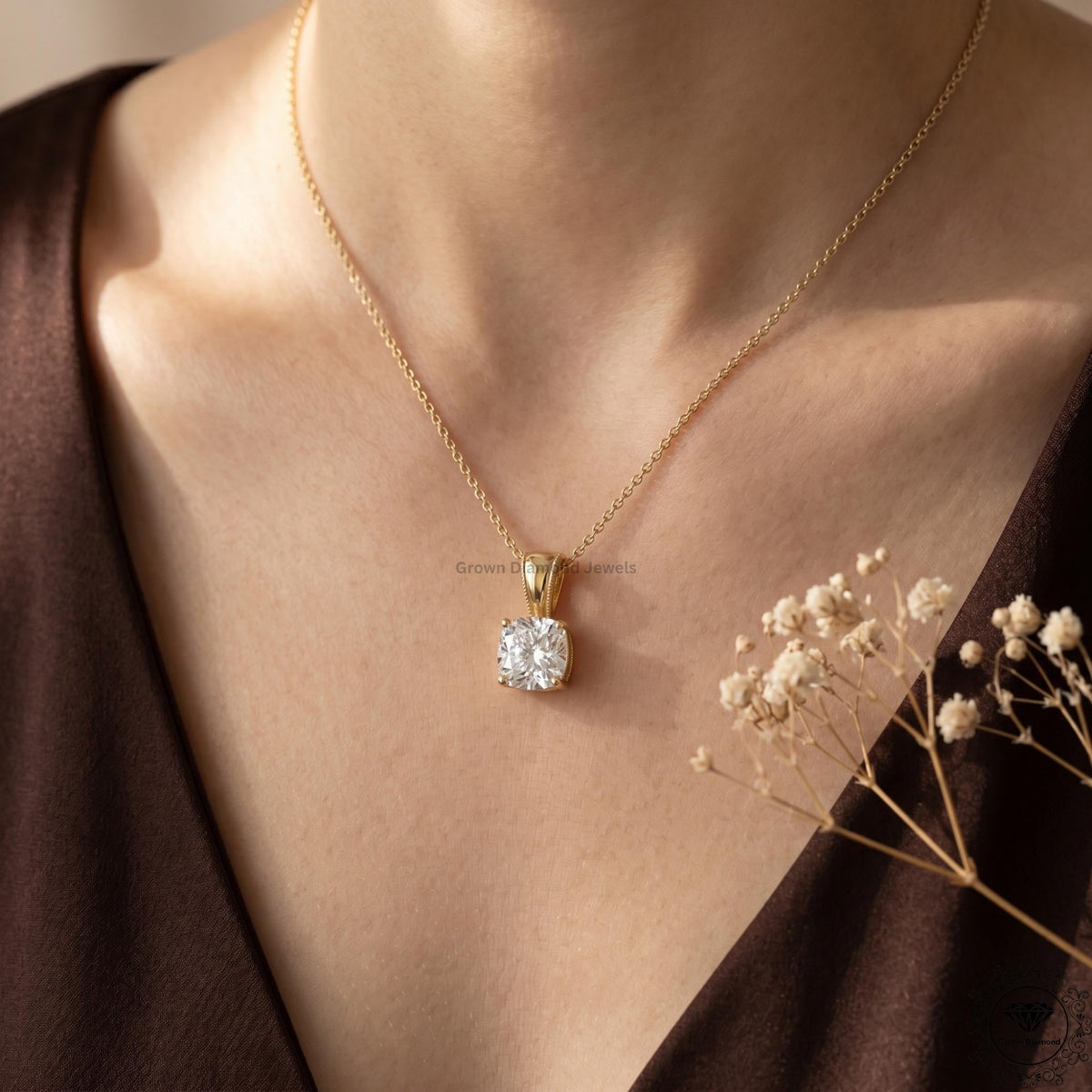 Lab Grown Cushion Diamond Solitaire Pendant Necklace 14K - GrownDiamondJewels