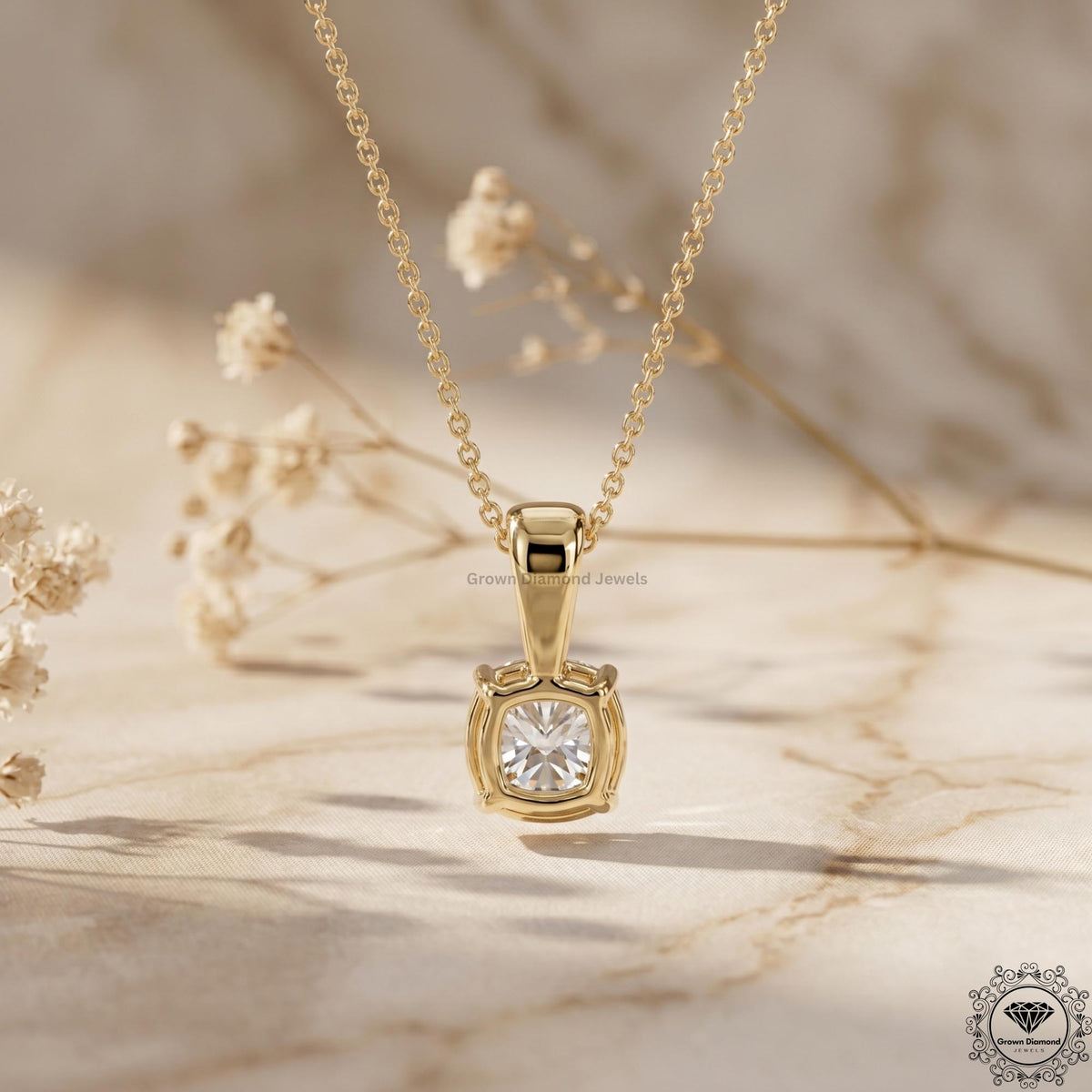 Lab Grown Cushion Diamond Solitaire Pendant Necklace 14K - GrownDiamondJewels