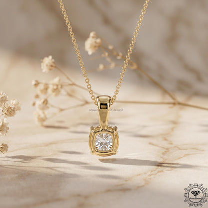 Lab Grown Cushion Diamond Solitaire Pendant Necklace 14K - GrownDiamondJewels