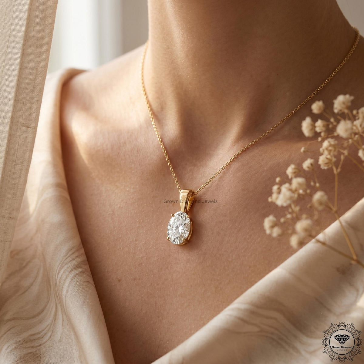 Lab Grown Oval Diamond Solitaire Pendant Necklace 1-5 CT - GrownDiamondJewels