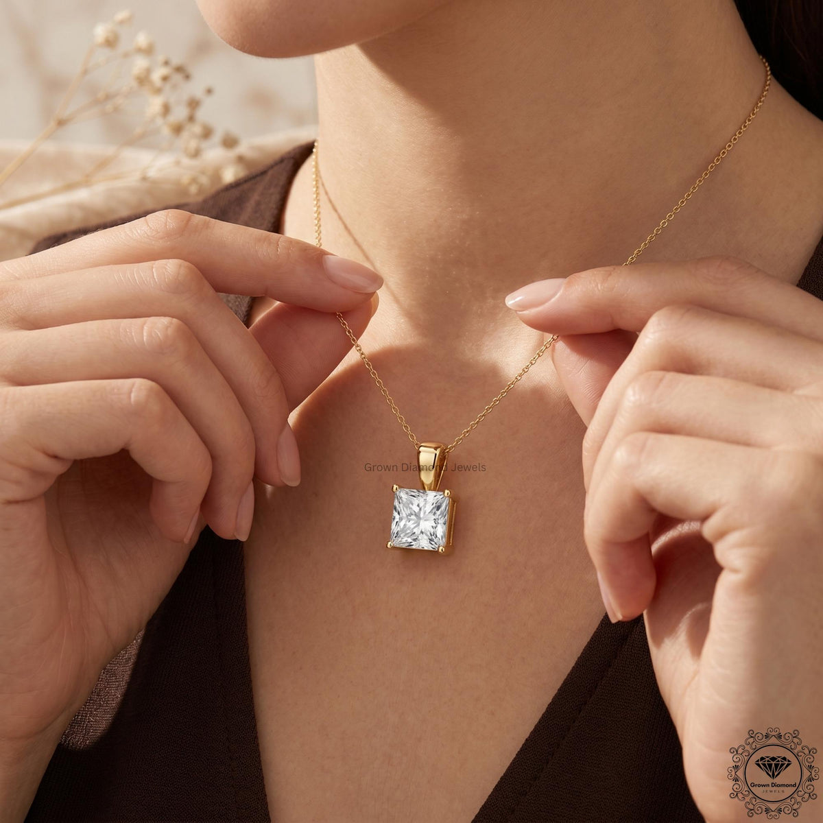 Princess Cut Lab Grown Diamond Pendant Necklace 1-5 CT - GrownDiamondJewels