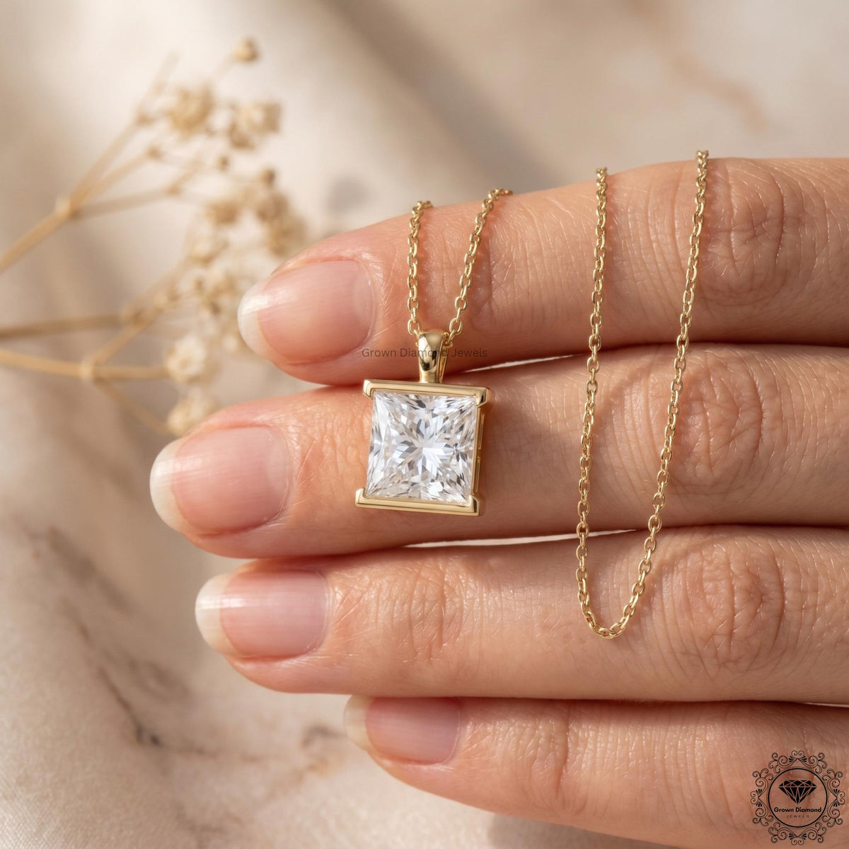 Lab Grown Princess Diamond Bezel Set Solitaire Pendant - GrownDiamondJewels