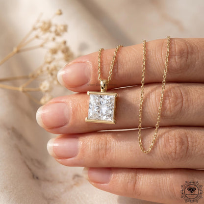 Lab Grown Princess Diamond Bezel Set Solitaire Pendant - GrownDiamondJewels