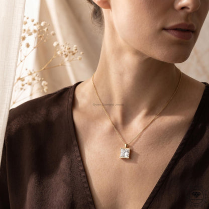 Lab Grown Princess Diamond Bezel Set Solitaire Pendant - GrownDiamondJewels