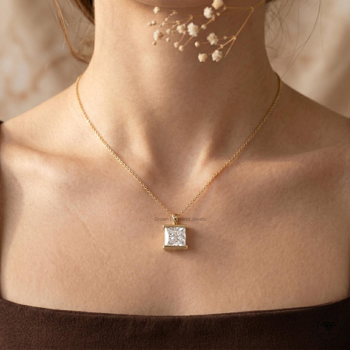 Lab Grown Princess Diamond Bezel Set Solitaire Pendant - GrownDiamondJewels