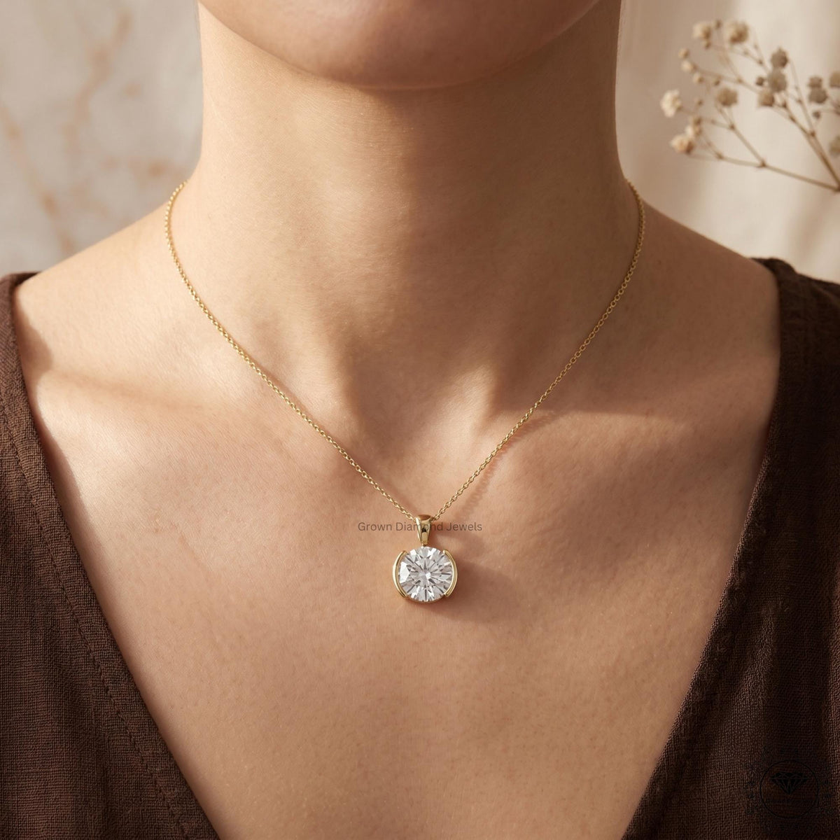 IGI Certified Round Lab Diamond Bezel Set Pendant Necklace - GrownDiamondJewels