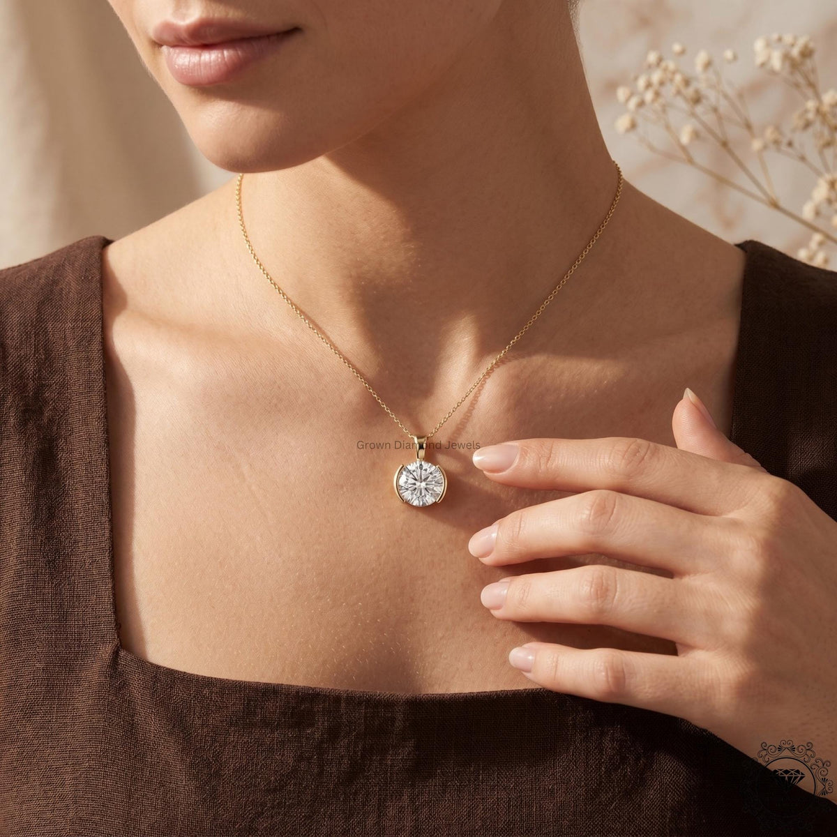 IGI Certified Round Lab Diamond Bezel Set Pendant Necklace - GrownDiamondJewels