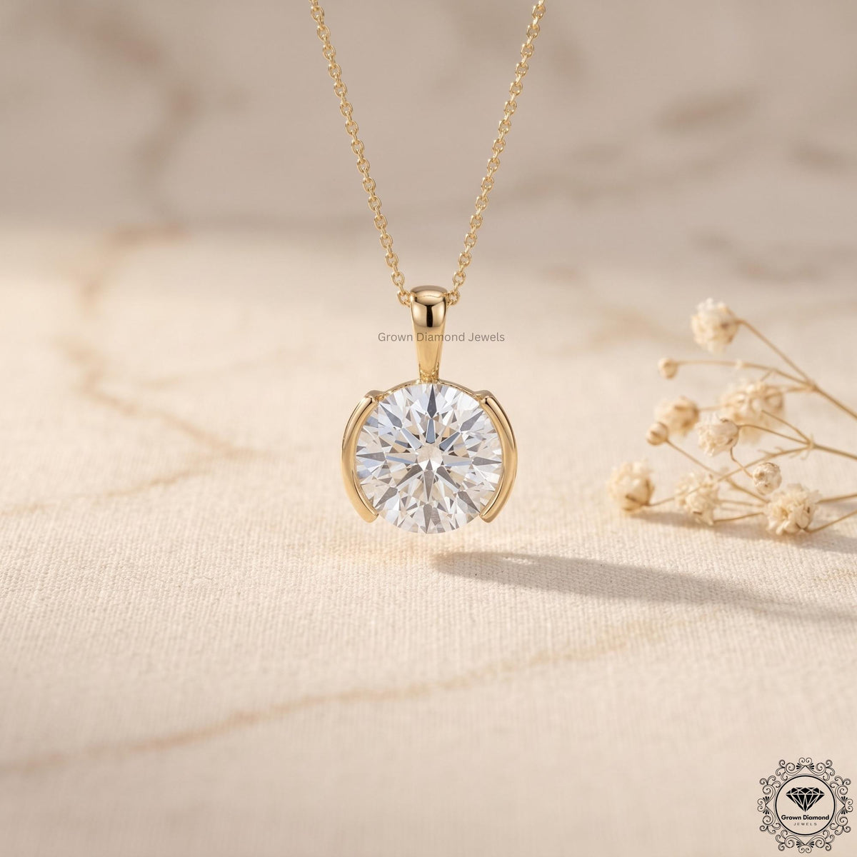 IGI Certified Round Lab Diamond Bezel Set Pendant Necklace - GrownDiamondJewels
