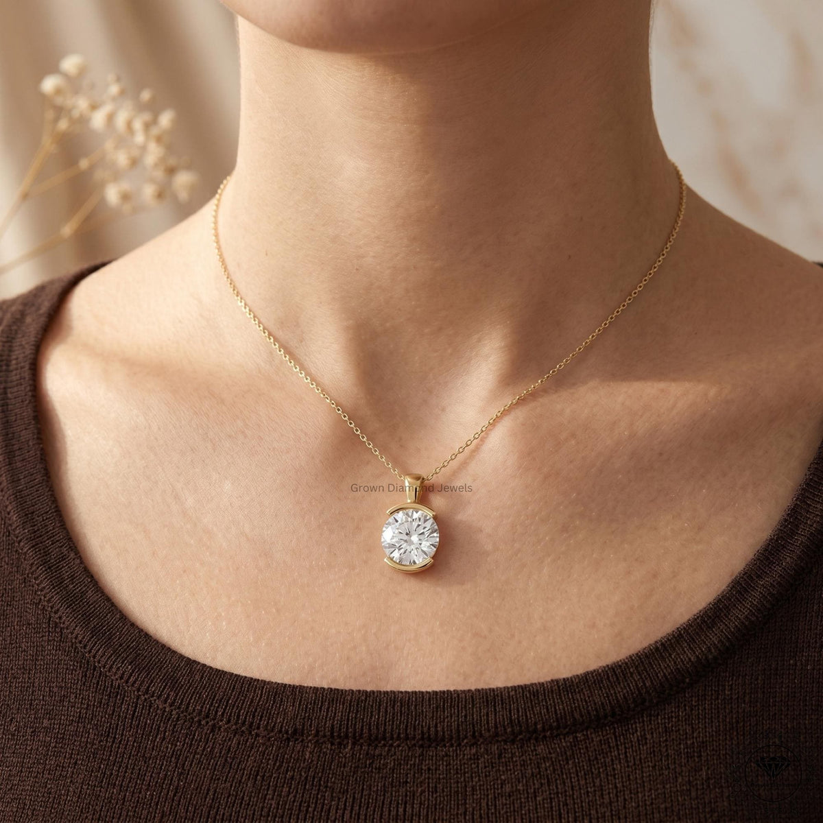 Round Cut Lab Grown Diamond Bezel Set Pendant Necklace 14K - GrownDiamondJewels