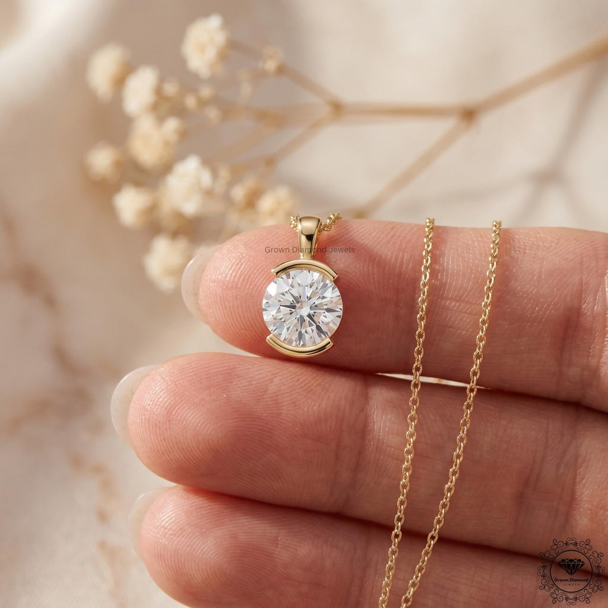 Round Cut Lab Grown Diamond Bezel Set Pendant Necklace 14K - GrownDiamondJewels