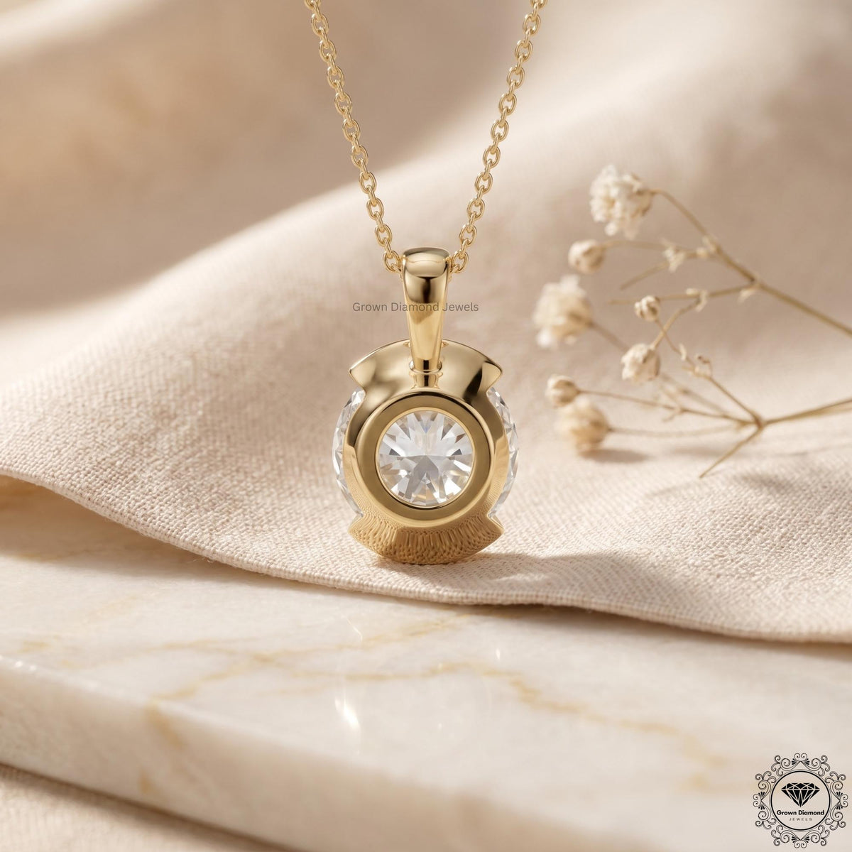 Round Cut Lab Grown Diamond Bezel Set Pendant Necklace 14K - GrownDiamondJewels