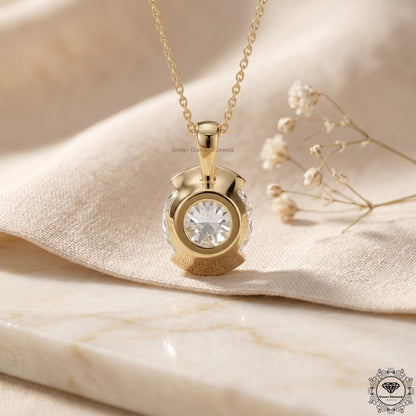 Round Cut Lab Grown Diamond Bezel Set Pendant Necklace 14K - GrownDiamondJewels