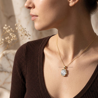 Round Cut Lab Grown Diamond Bezel Set Pendant Necklace 14K - GrownDiamondJewels