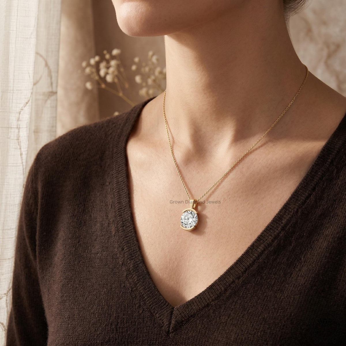 Round Cut Lab Grown Diamond Bezel Set Pendant Necklace 14K - GrownDiamondJewels
