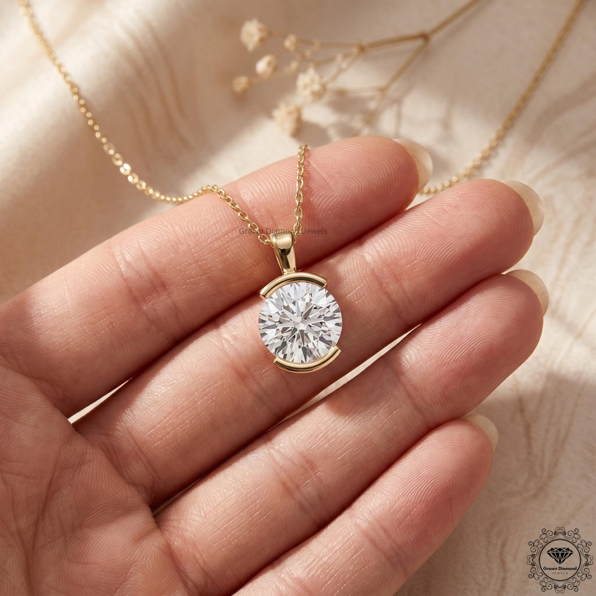 Round Cut Lab Grown Diamond Bezel Set Pendant Necklace 14K - GrownDiamondJewels