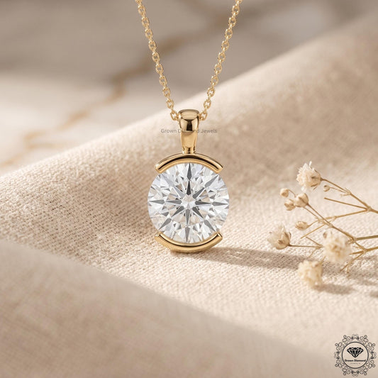 Round Cut Lab Grown Diamond Bezel Set Pendant Necklace 14K - GrownDiamondJewels