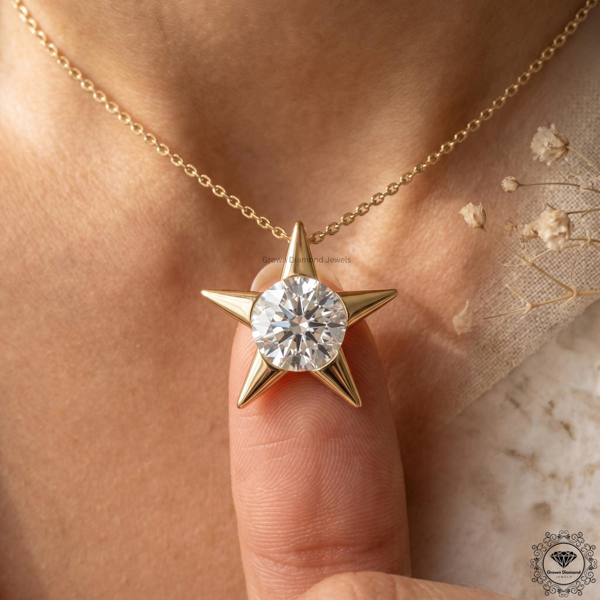 Round Lab Grown Diamond Star Pendant Necklace 18K Gold - GrownDiamondJewels