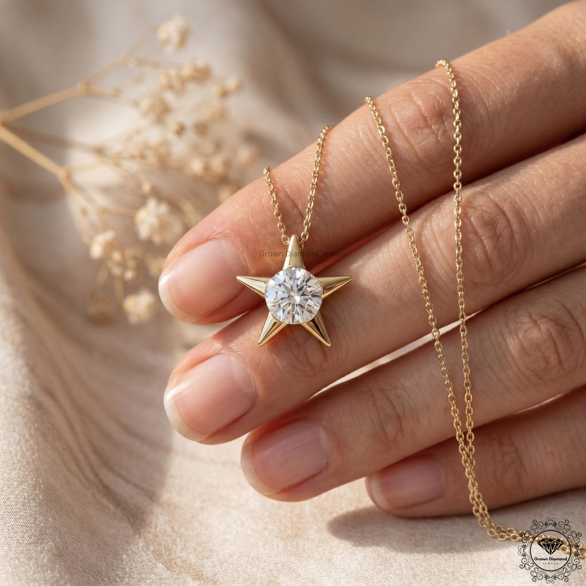 Round Lab Grown Diamond Star Pendant Necklace 18K Gold - GrownDiamondJewels