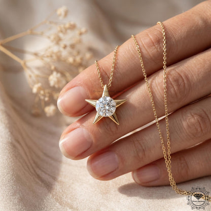 Round Lab Grown Diamond Star Pendant Necklace 18K Gold - GrownDiamondJewels