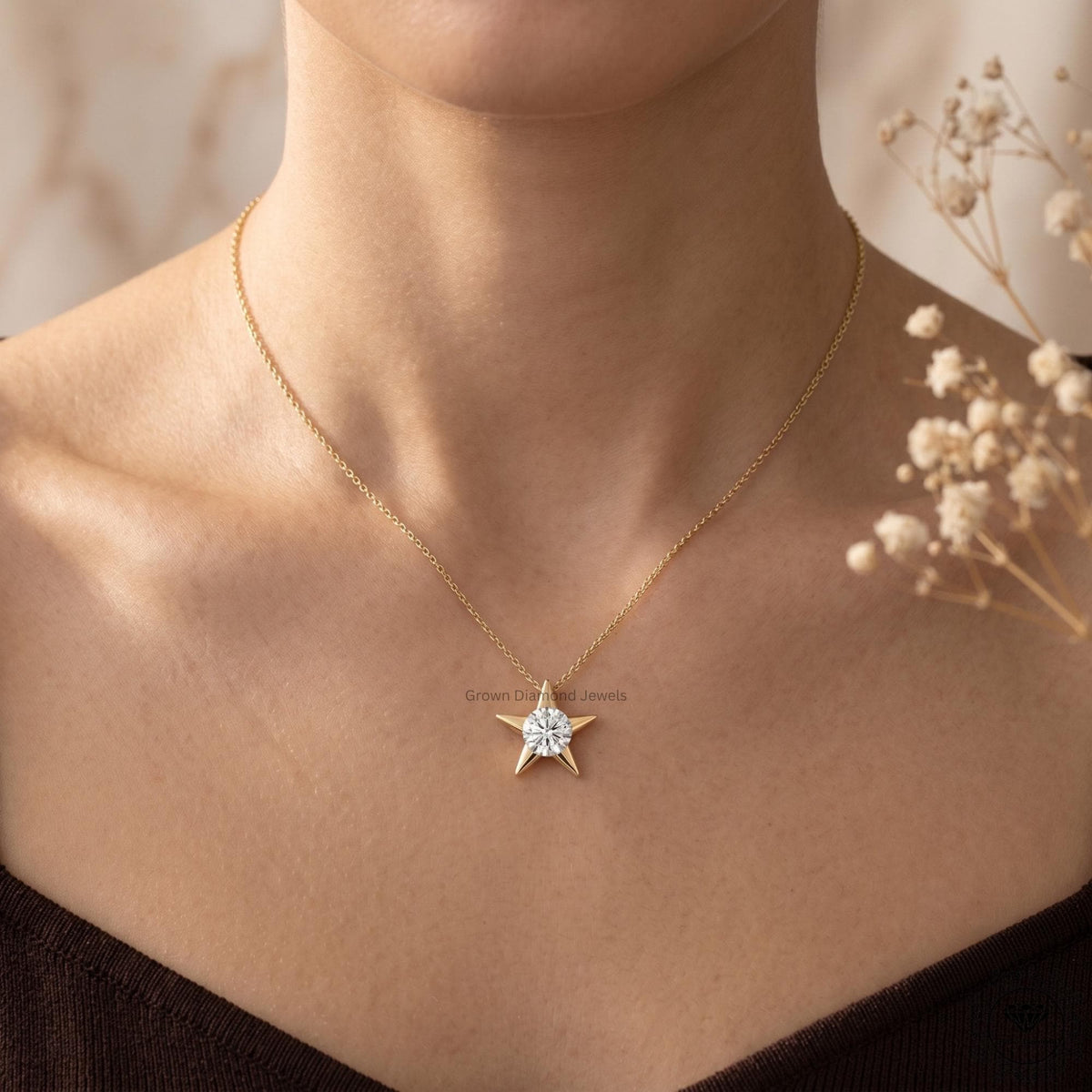 Round Lab Grown Diamond Star Pendant Necklace 18K Gold - GrownDiamondJewels