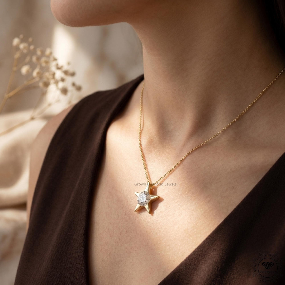 Round Lab Grown Diamond Star Pendant Necklace 18K Gold - GrownDiamondJewels