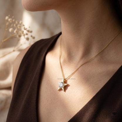 Round Lab Grown Diamond Star Pendant Necklace 18K Gold - GrownDiamondJewels