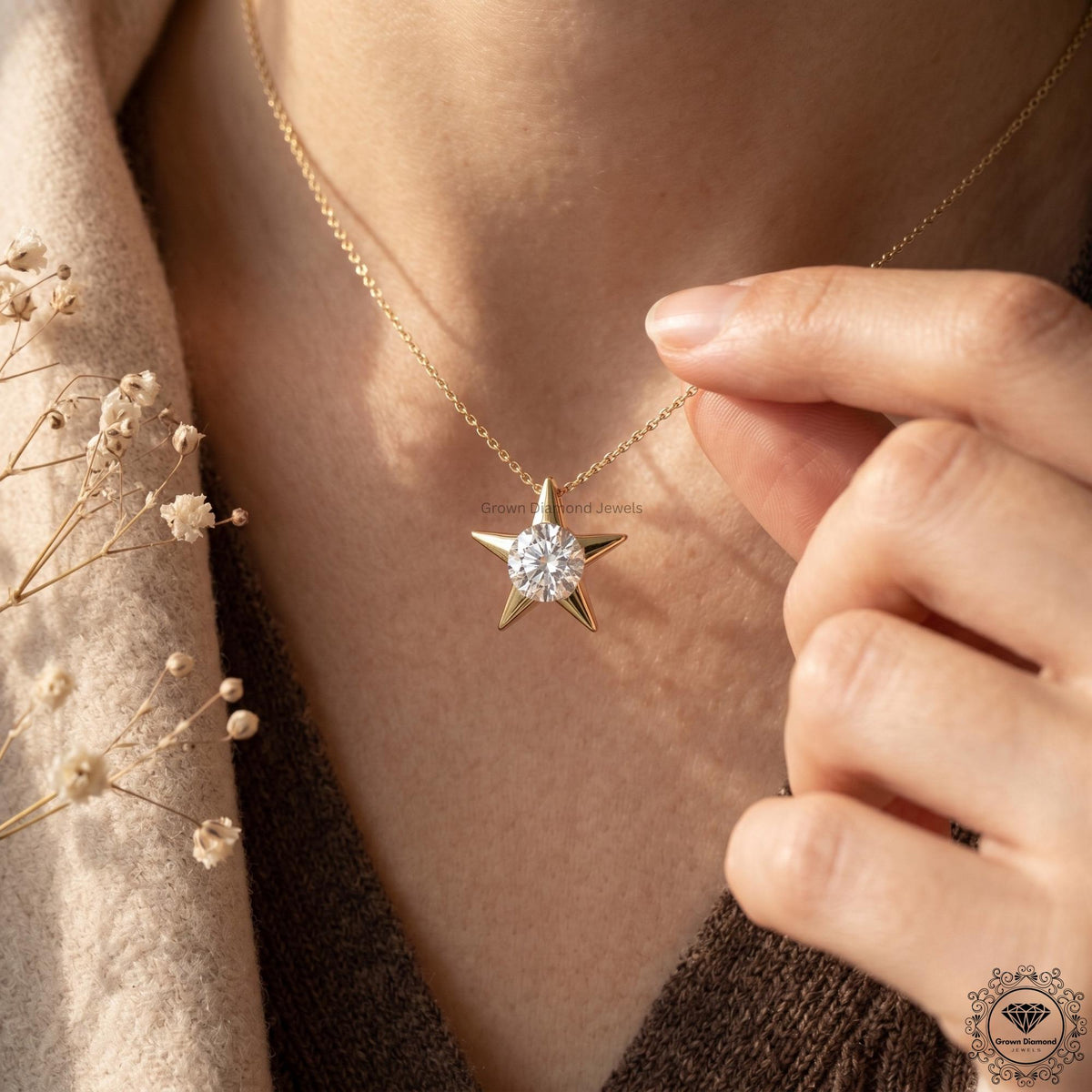 Round Lab Grown Diamond Star Pendant Necklace 18K Gold - GrownDiamondJewels