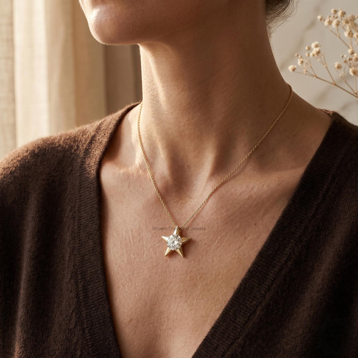Round Lab Grown Diamond Star Pendant Necklace 18K Gold - GrownDiamondJewels