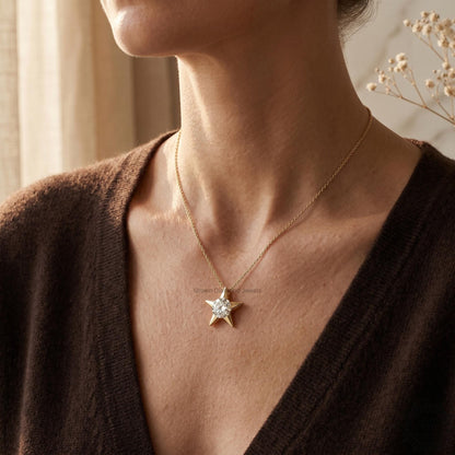 Round Lab Grown Diamond Star Pendant Necklace 18K Gold - GrownDiamondJewels