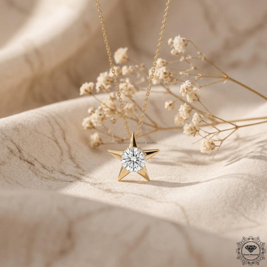 Round Lab Grown Diamond Star Pendant Necklace 18K Gold - GrownDiamondJewels