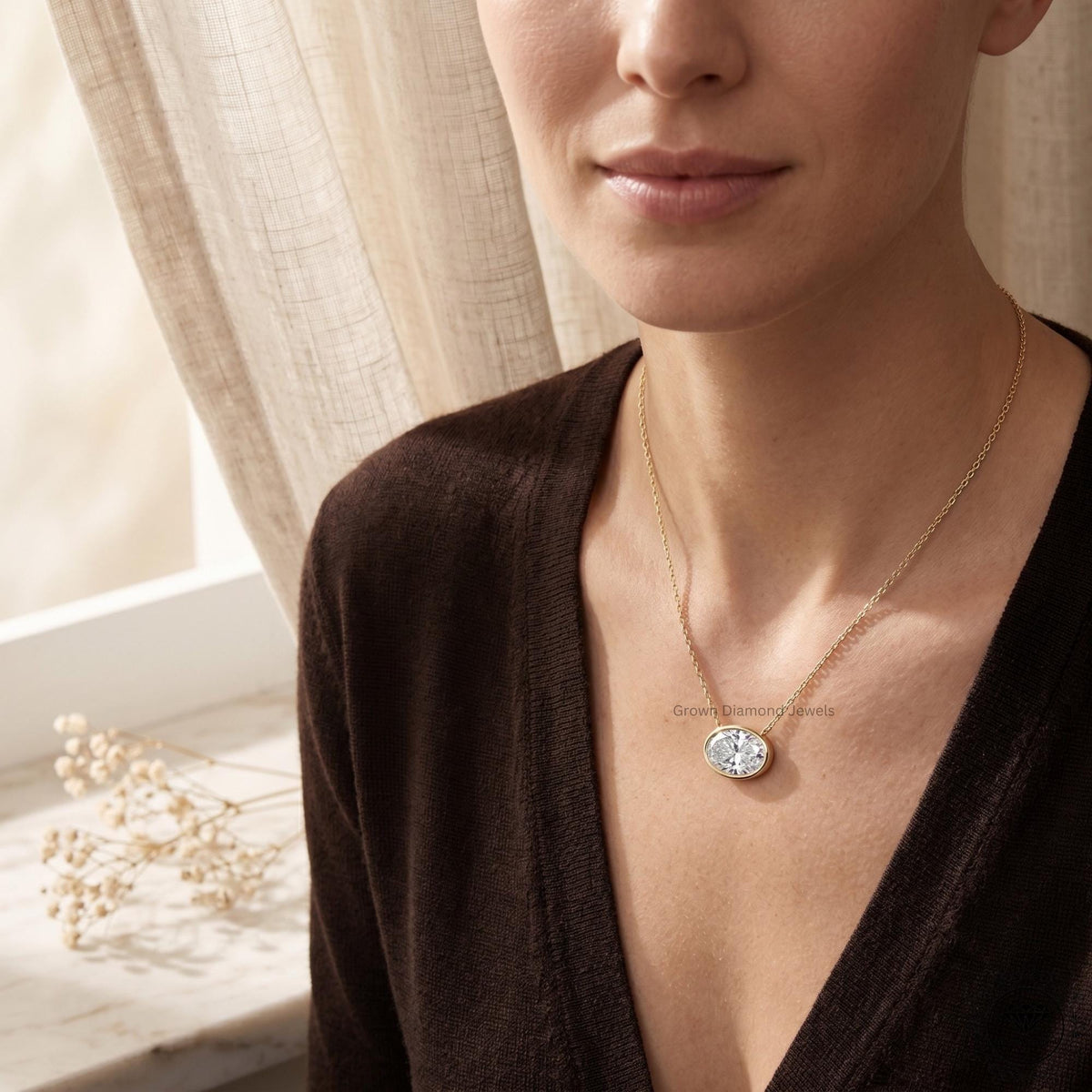 Lab Grown Oval Diamond East West Bezel Set Pendant Necklace - GrownDiamondJewels