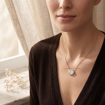 Lab Grown Oval Diamond East West Bezel Set Pendant Necklace - GrownDiamondJewels