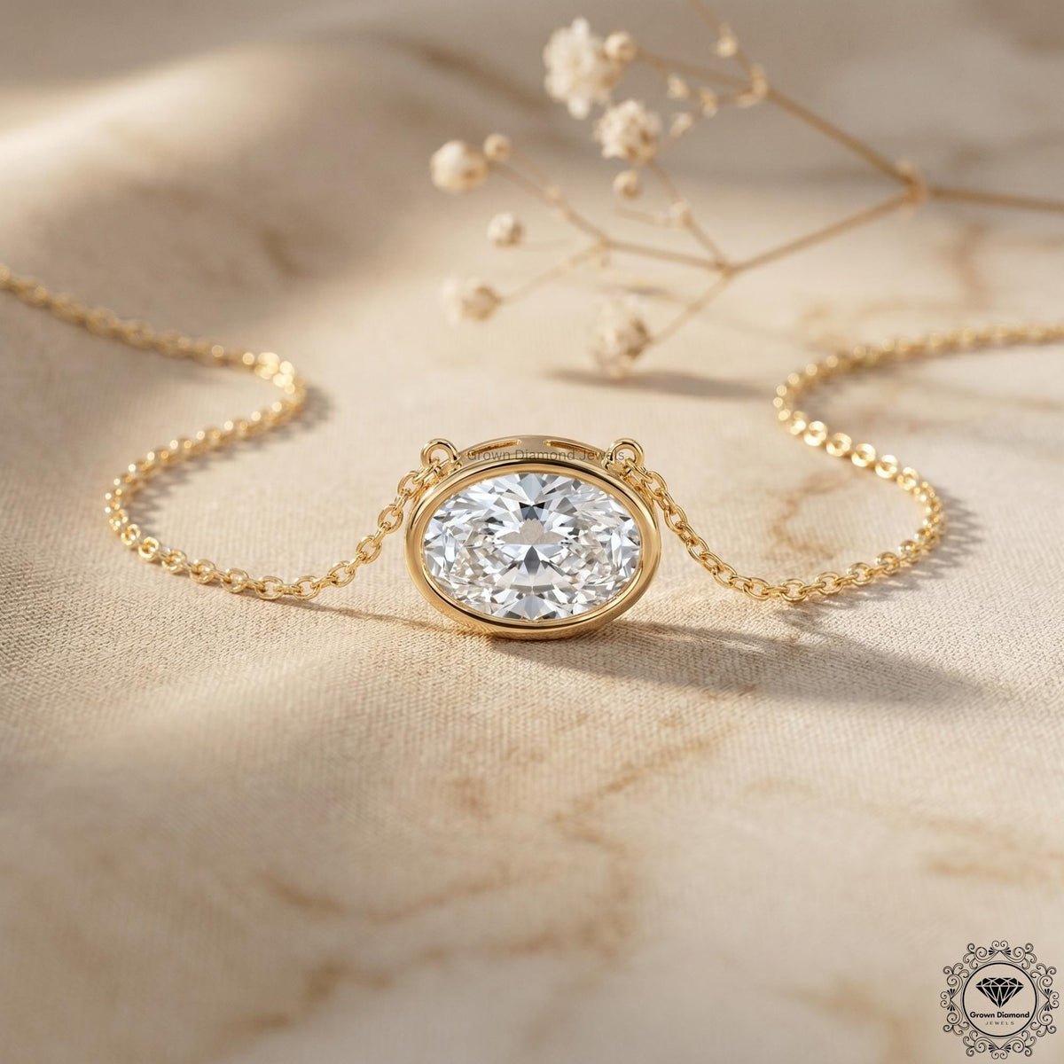 Lab Grown Oval Diamond East West Bezel Set Pendant Necklace - GrownDiamondJewels