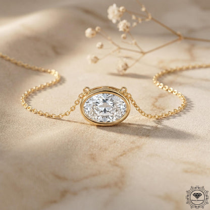 Lab Grown Oval Diamond East West Bezel Set Pendant Necklace - GrownDiamondJewels