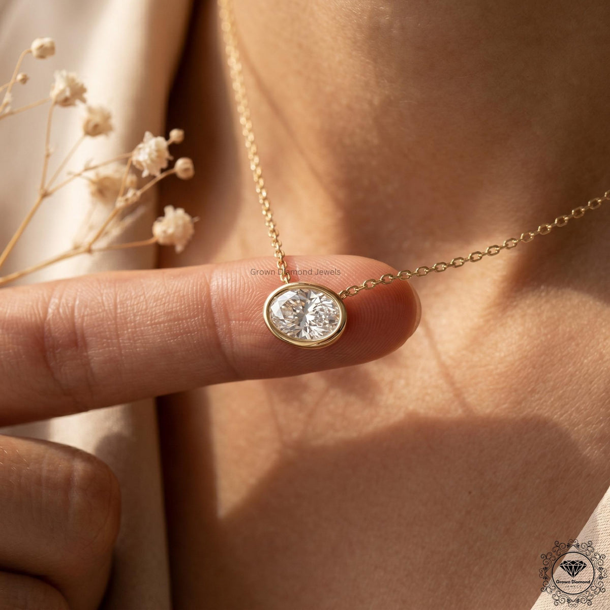 Lab Grown Oval Diamond East West Bezel Set Pendant Necklace - GrownDiamondJewels