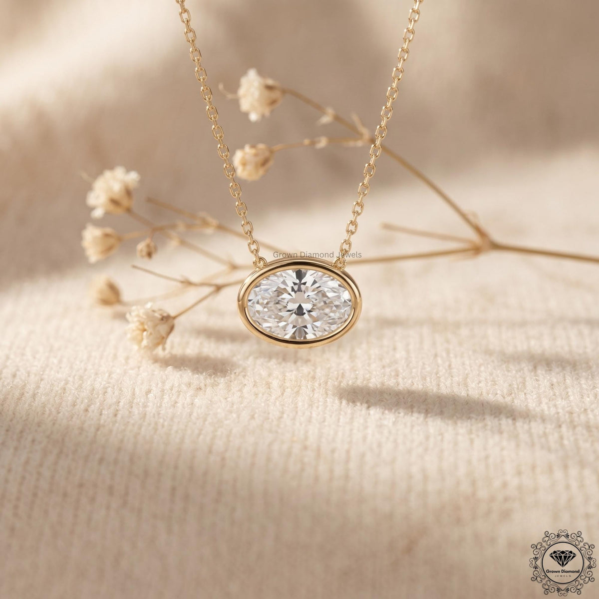 Lab Grown Oval Diamond East West Bezel Set Pendant Necklace - GrownDiamondJewels