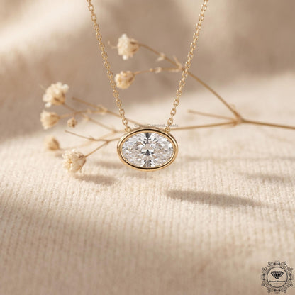 Lab Grown Oval Diamond East West Bezel Set Pendant Necklace - GrownDiamondJewels
