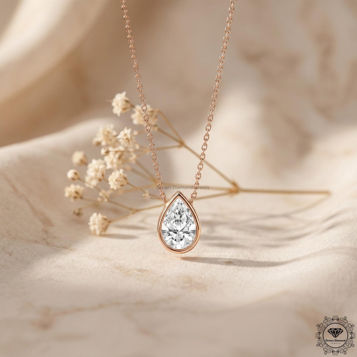 IGI Certified Lab Grown Pear Diamond Bezel Set Pendant - GrownDiamondJewels