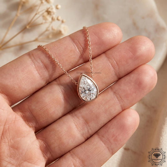 IGI Certified Lab Grown Pear Diamond Bezel Set Pendant - GrownDiamondJewels