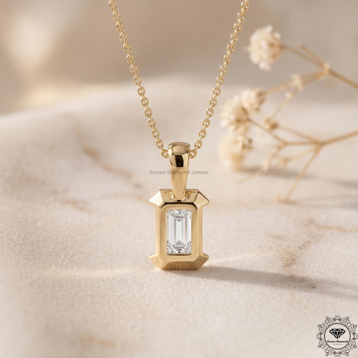 Lab Grown Emerald Diamond Bezel Set Solitaire Pendant - GrownDiamondJewels