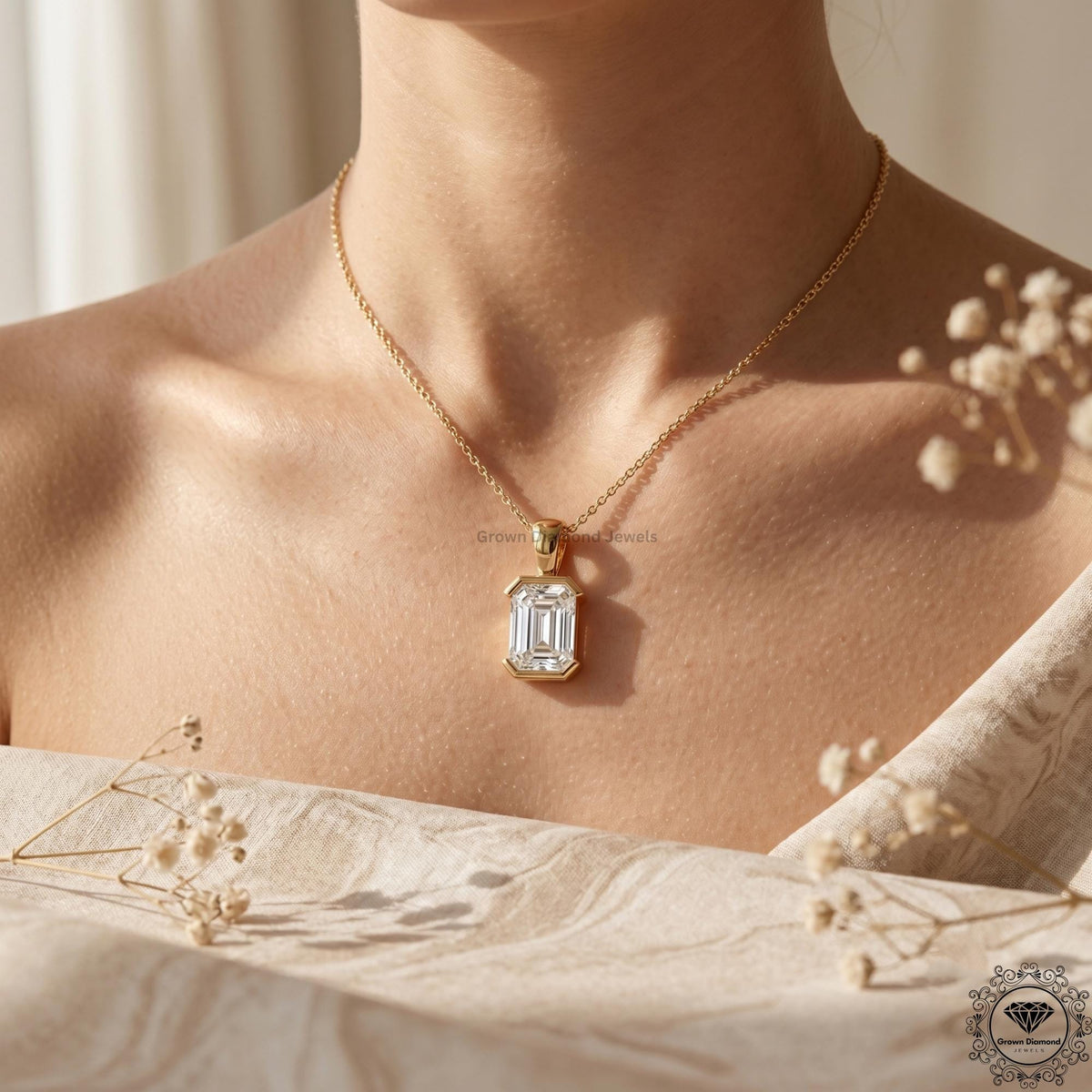 Lab Grown Emerald Diamond Bezel Set Solitaire Pendant - GrownDiamondJewels
